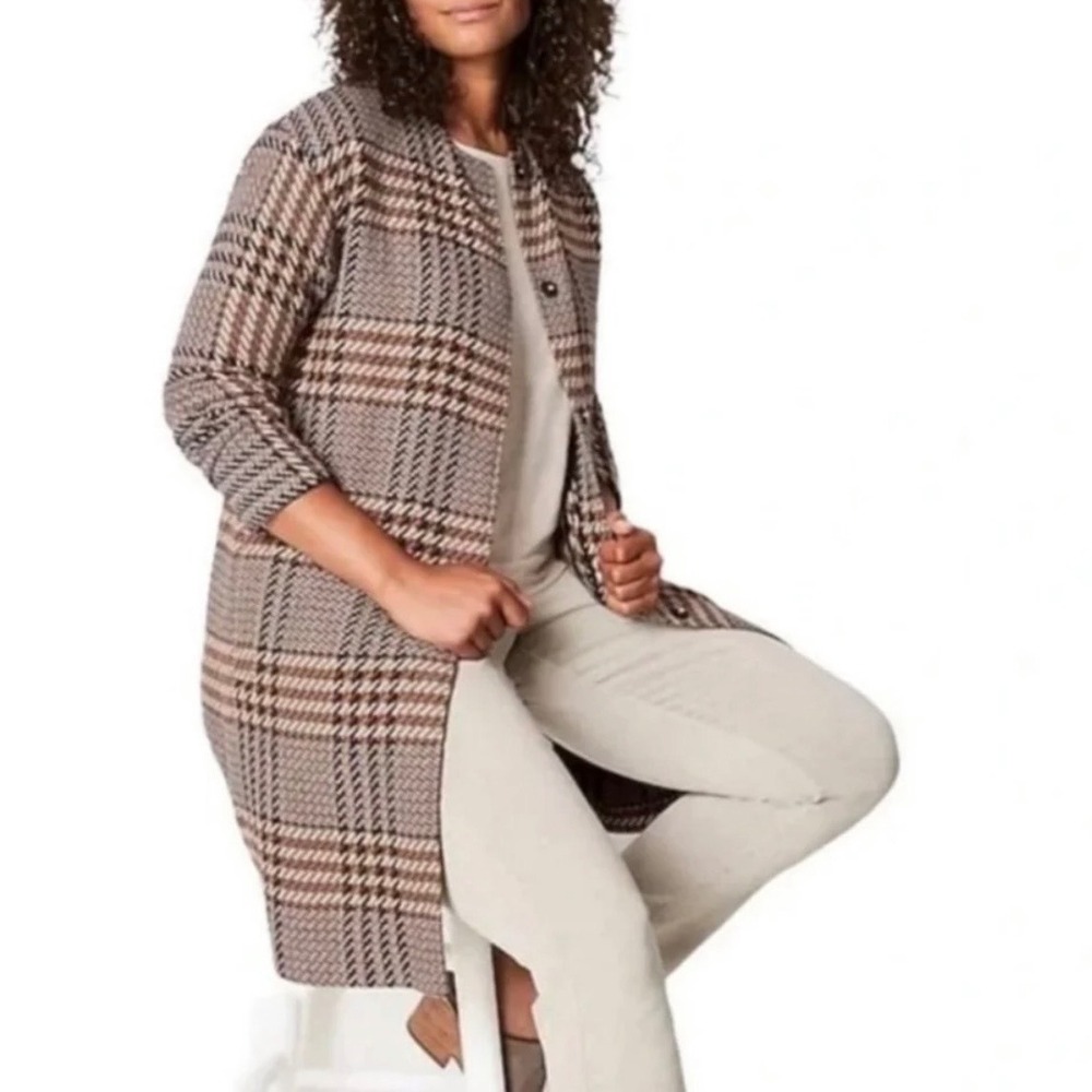 J. Jill Plaid Wool Blend Topper Coat Brown Tan Snap Front Collarless Jacket XL